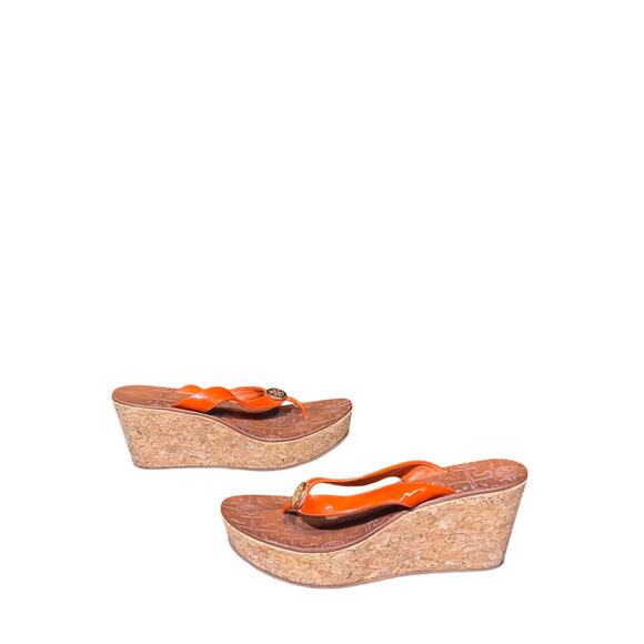 Tory Burch Size  7.5 Orange Suzy Leather Cork Wedge Platform Sandals - Picture 2 of 7